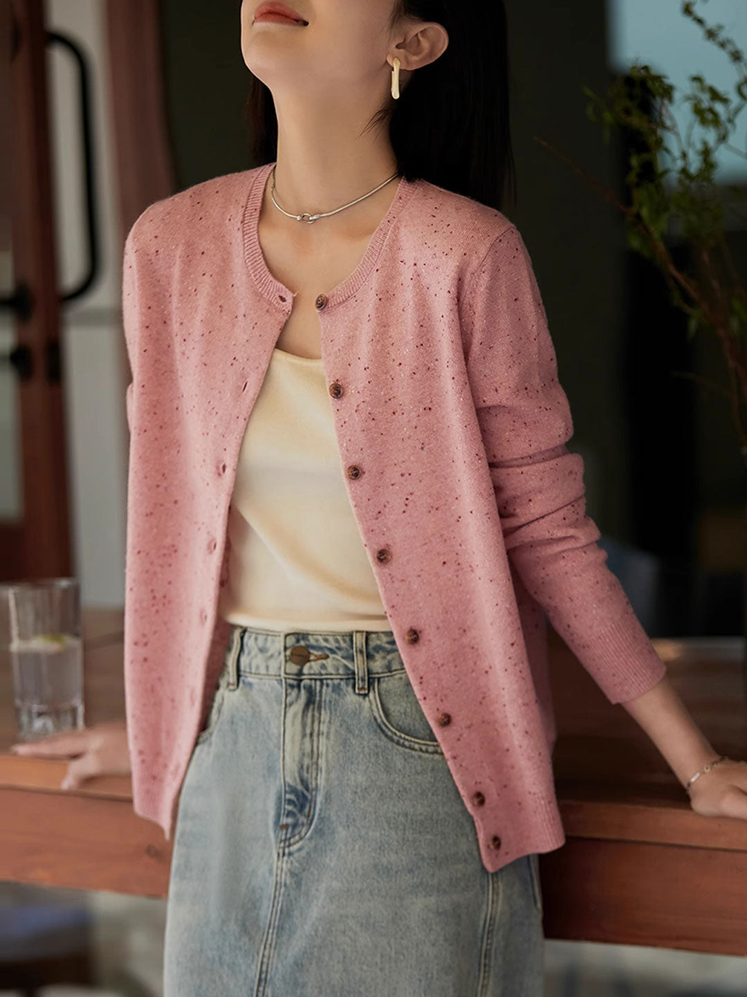 Grace Classic Crew Neck Solid Color Knitted Cardigan