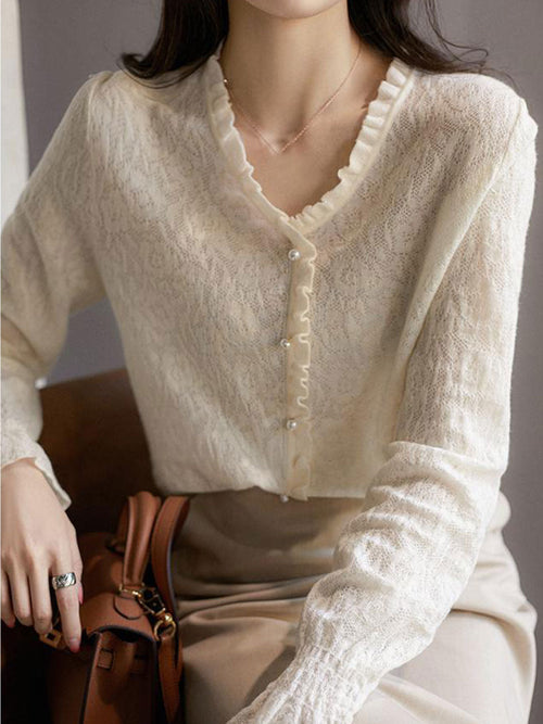 Anna Retro V-Neck Auricular Lace Jacquard Knitted Top