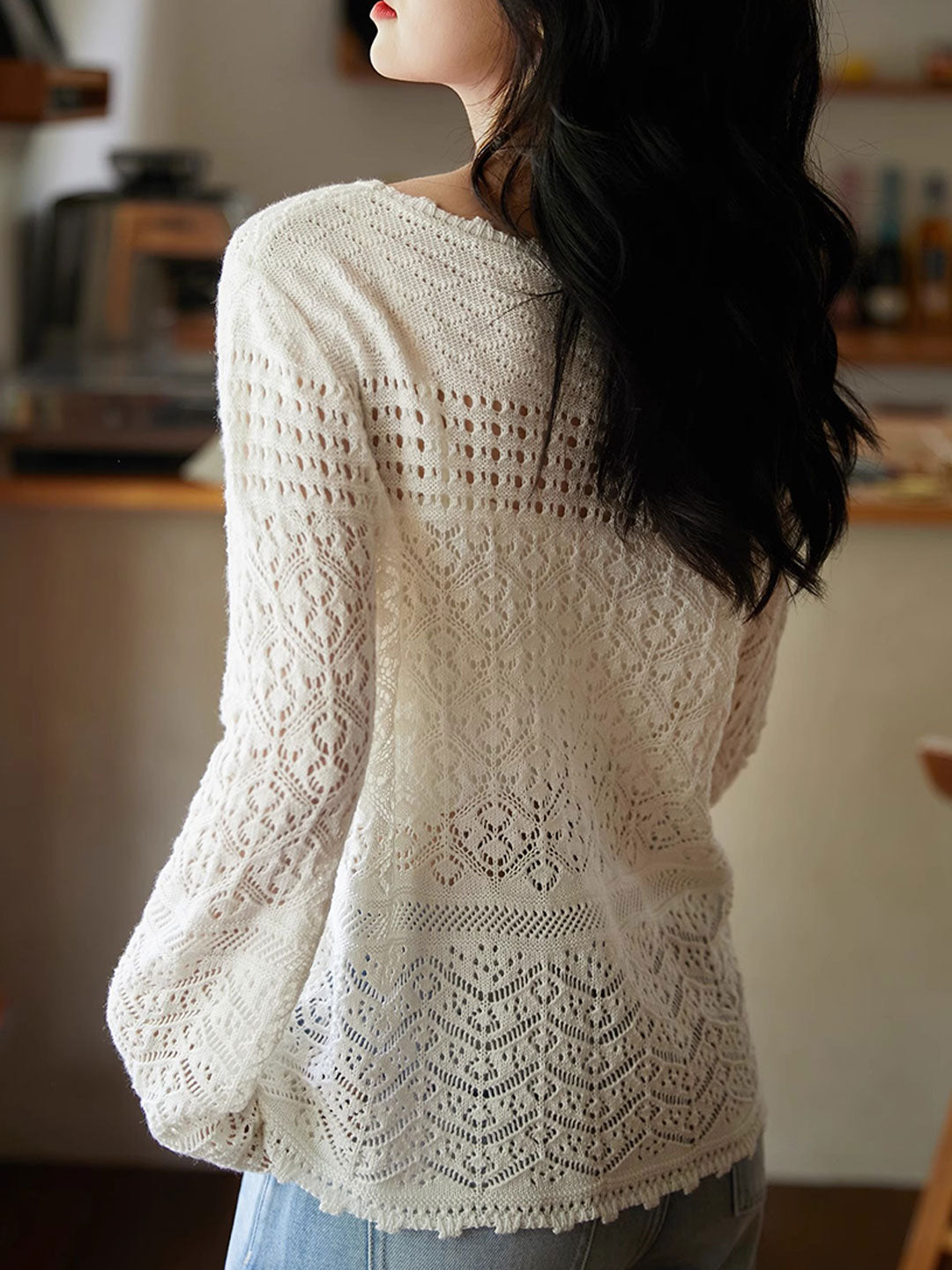 Mia Loose Crew Neck Hollowed Jacquard Knitted Top